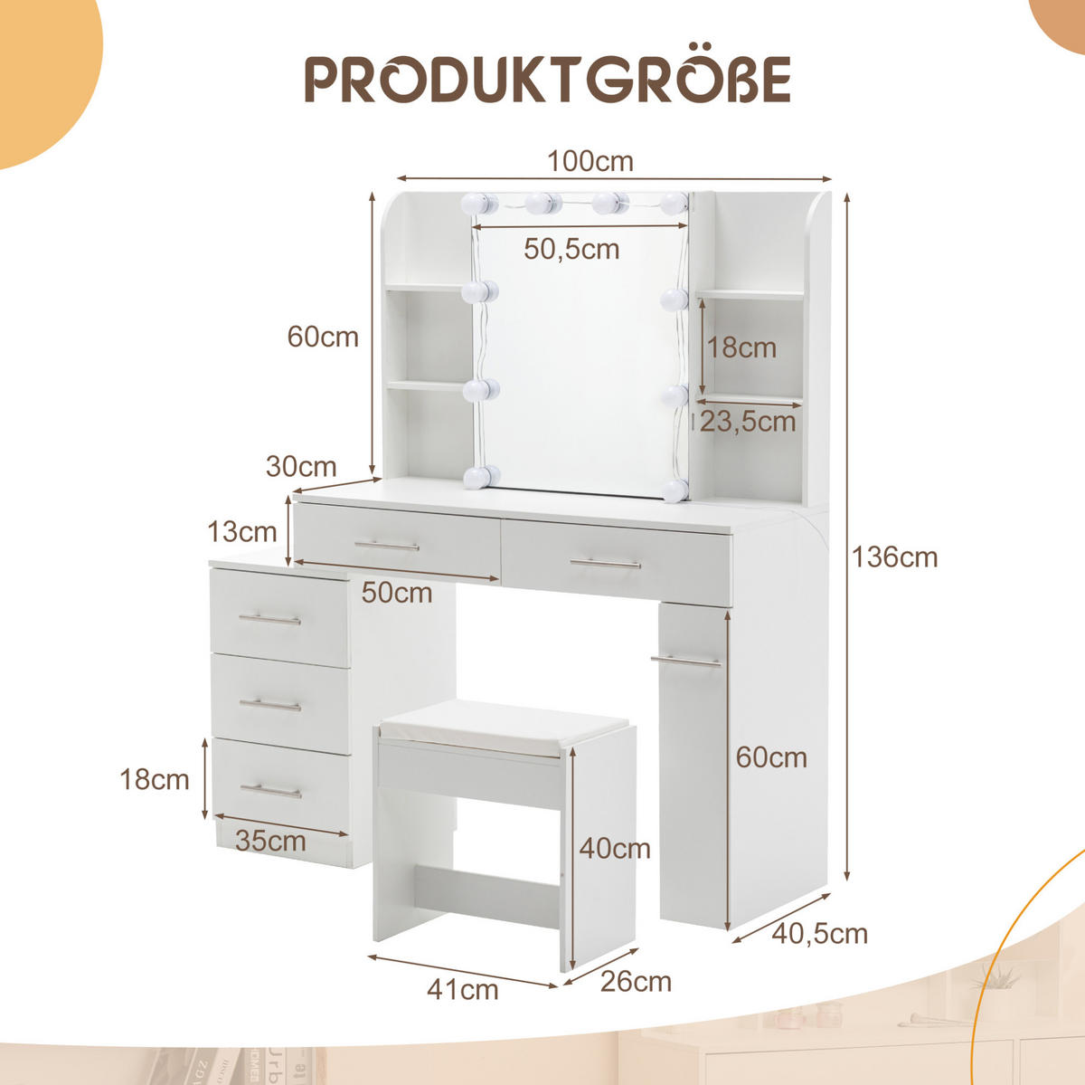 SCHMINKTISCH 40,5/100/136 cm Weiß 10 LEDs mit Spiegel Stauraum aus MDF - Weiß, Holzwerkstoff (40.5/136/100cm) - OKWISH