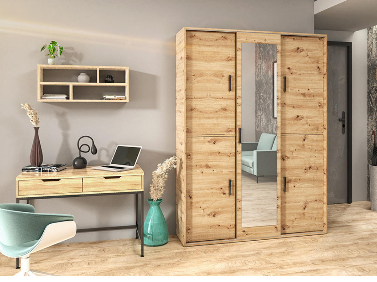 GARDEROBENSCHRANK Vanessa III 150 cm mit Spiegel, eiche artisan - Eiche Artisan, Kunststoff (150/205/40cm) - Margaret Hadas24