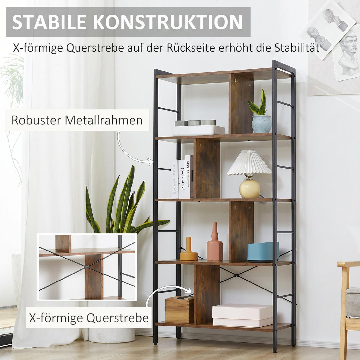 BÜCHERREGAL Spanplatte Metall Rustikal-Braun - Schwarz/Braun, Holzwerkstoff/Metall (30/157.5/77cm) - HOMCOM