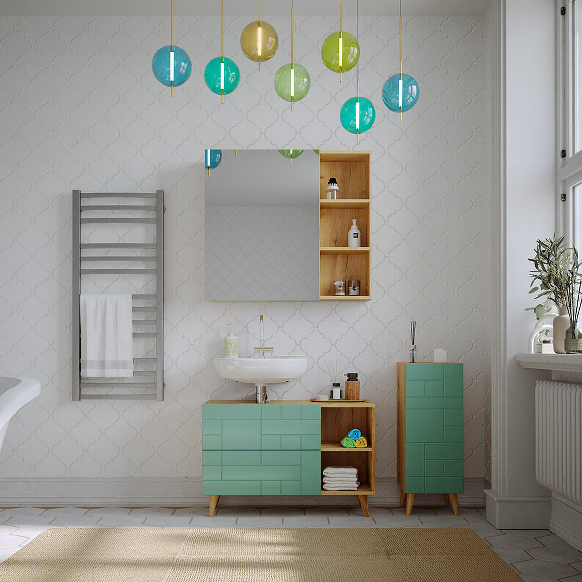 BADMÖBEL-SET Rudi Mintgrün 3 Teile - Eichefarben/Mintgrün, Holzwerkstoff (90/59/32cm) - Vicco