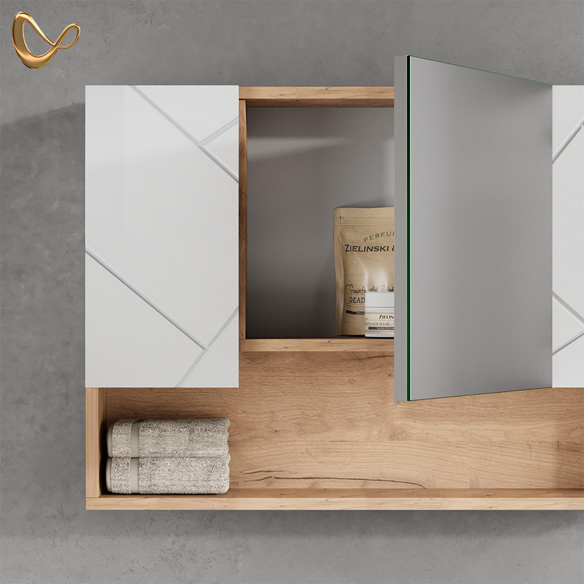 BADSPIEGELSCHRANK Ronco Weiß Hochglanz/Goldkraft Eiche 80.1 x 55 cm - Weiß Hochglanz/Eiche Wotan, Holzwerkstoff (80.1/55/17cm) - Livinity®