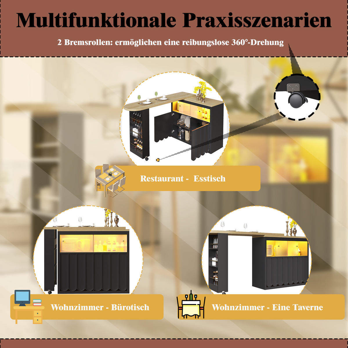 BARTISCH Ausziehbar 135-205cm LED Stauraum Schwarz - Schwarz, Glas (39/135/100cm) - FLIEKS