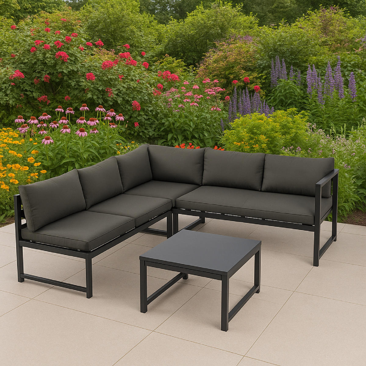 LOUNGESET Tamworth - Ecksofa und Loungetisch, Aluminium grau, Tisch mit Glasplatte, mit Polstern - Grau, Metall - TPFGarden