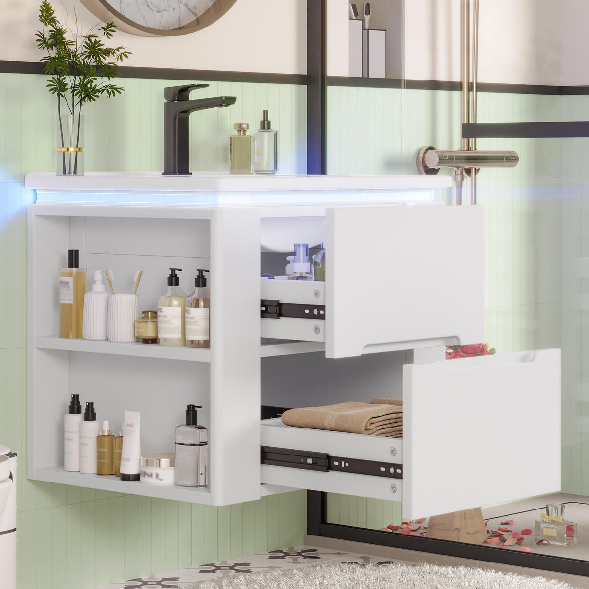 WANDMONTIERTER Badezimmerschrank 61x46x48.5cm in Weiß mit Radar-Sensor-LED & Keramikbecken - Weiß, Holzwerkstoff (61/48.5/46cm) - Modfu