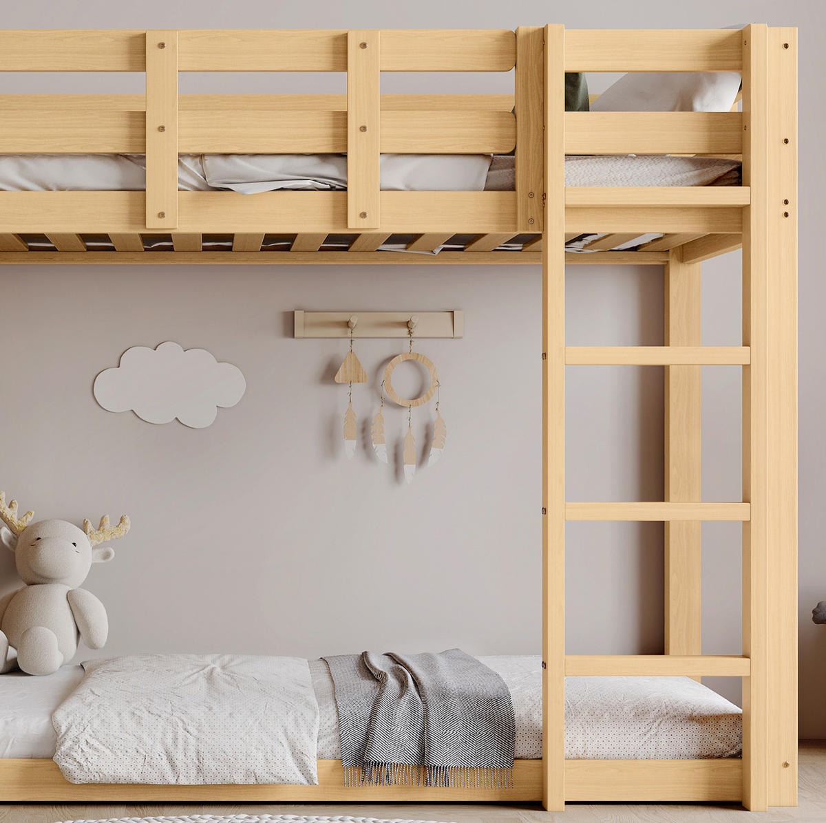 POSCHODOVÁ posteľ 90/200 cm prírodná z borovice a MDF so schodmi, šmykľavkou a závesom - prírodná farba, kompozitné drevo (90/200cm) - OKWISH