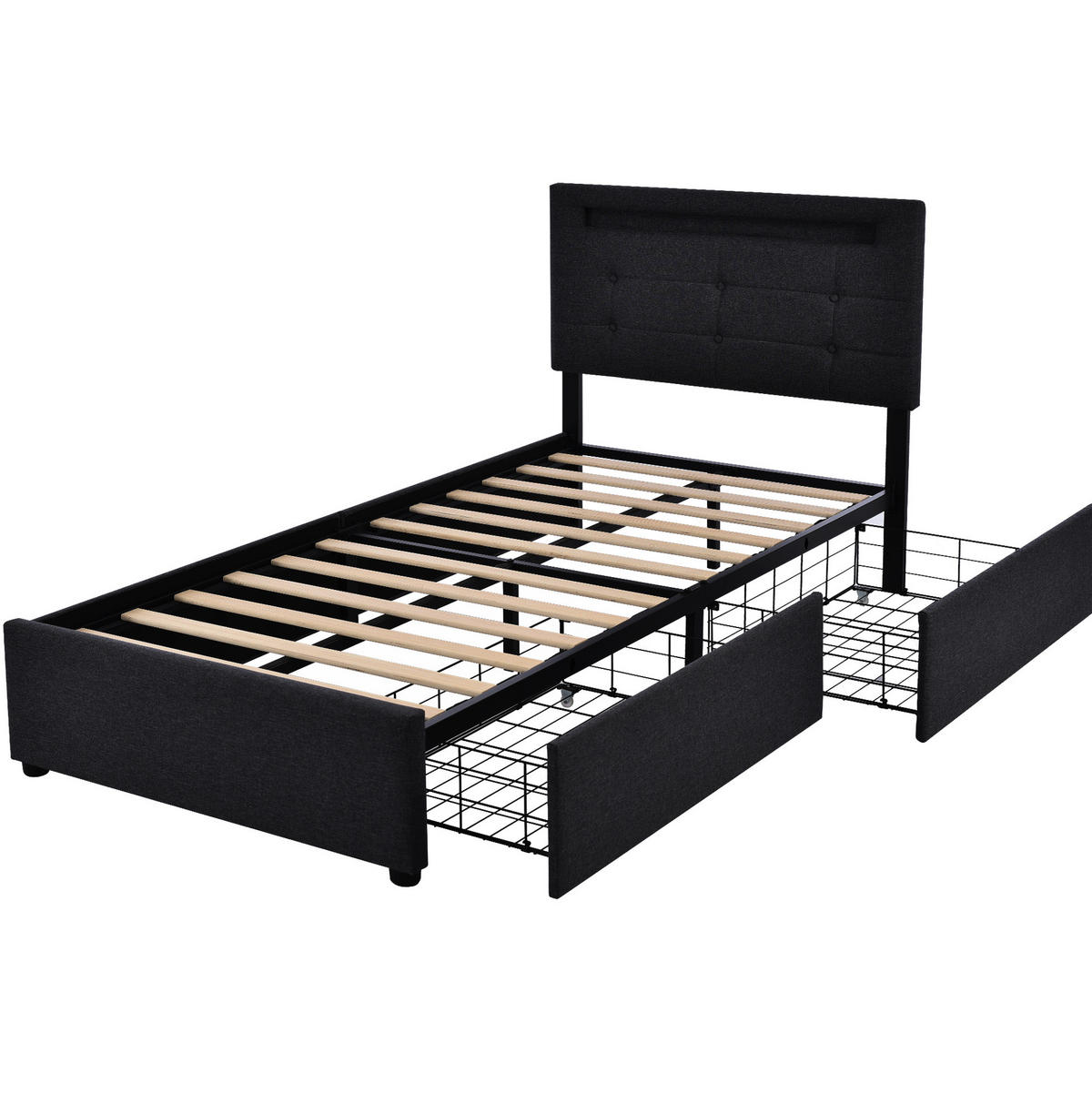POLSTERBETT mit LED-Beleuchtung 90/200 cm mit 2 Schubladen und Matratze - Schwarz, Textil (90/200cm) - BEAOK