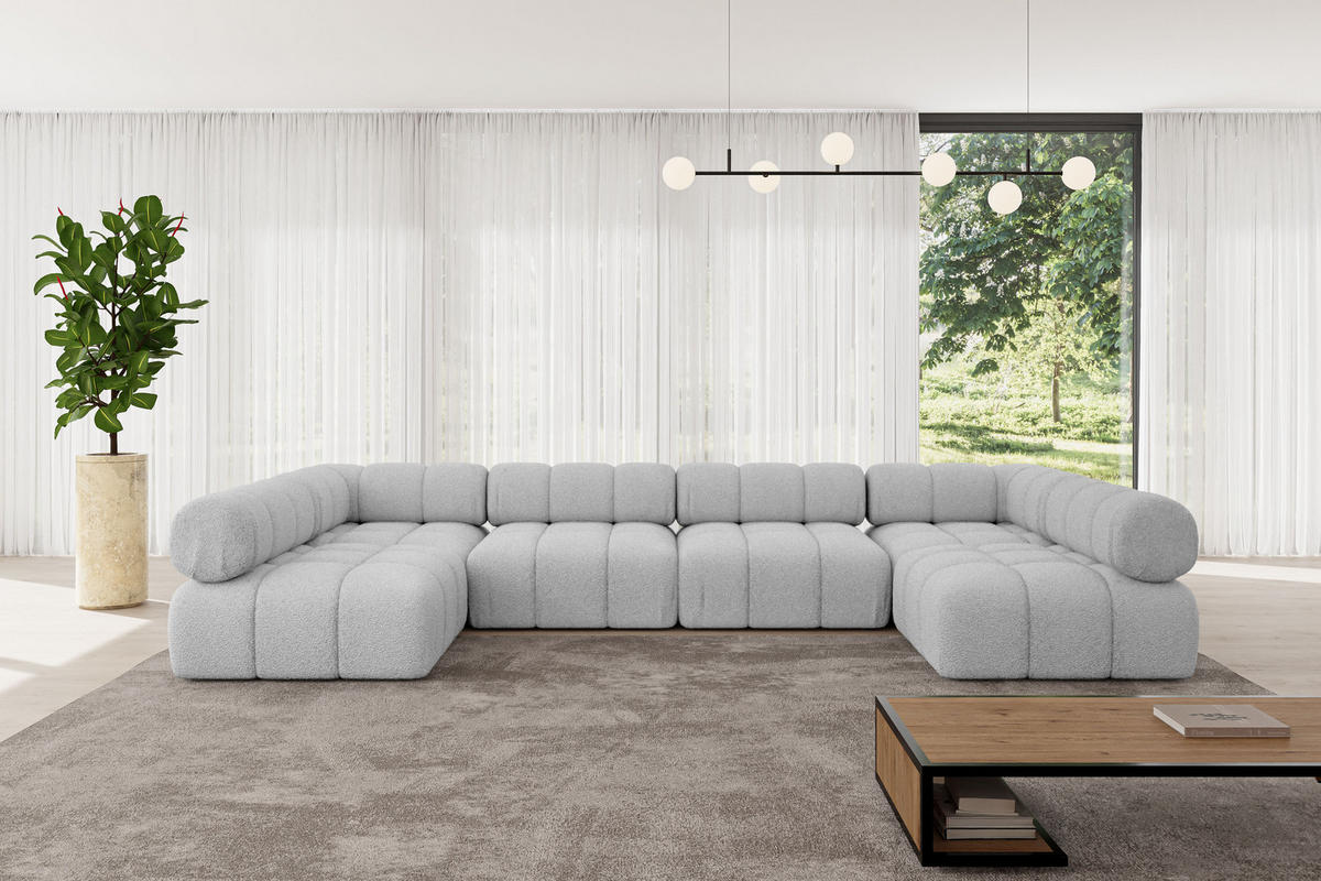 WOHNLANDSCHAFT modulares Sofa Garvo-U2 - 380x190x70 cm Hellgrau Bouclé - Hellgrau, Holzwerkstoff/Textil (380/70/190cm) - ALTDECOR