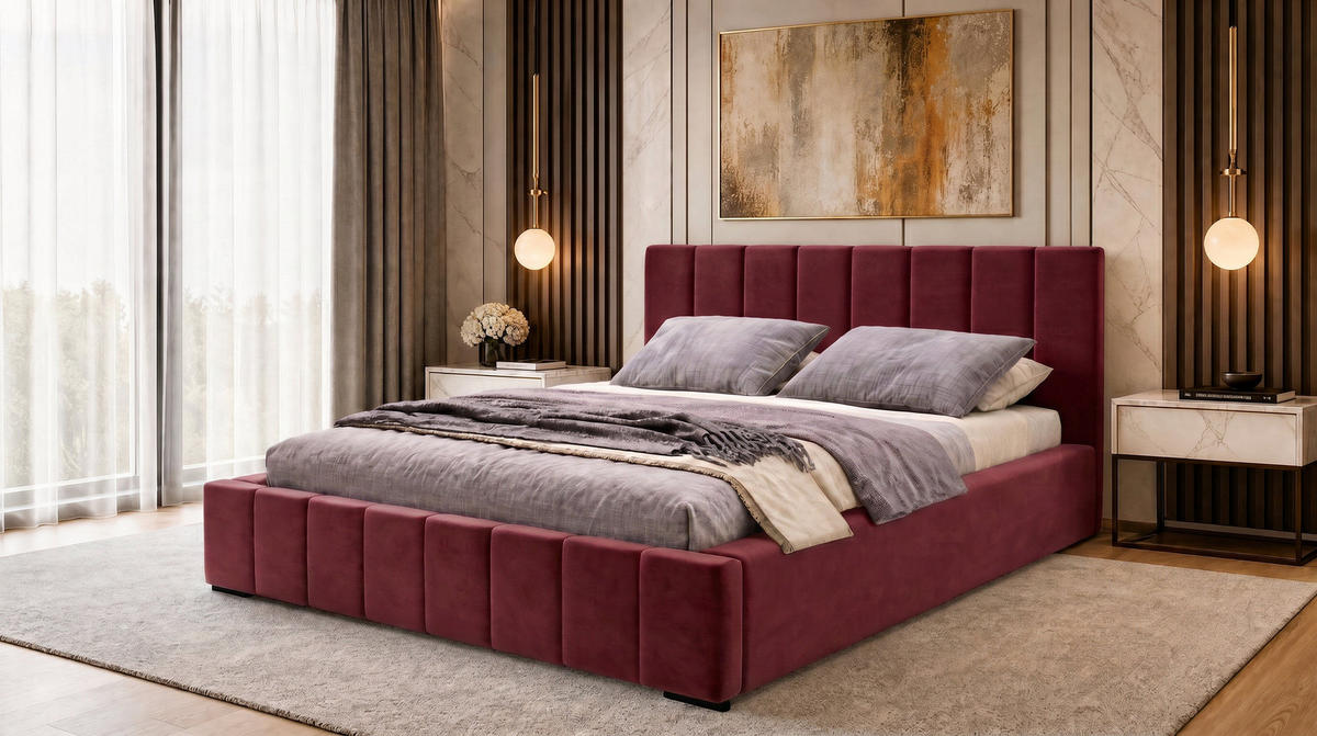 MARPUR Polsterbett NERO 180x200 cm mit Bettkasten und Lattenrost, Bordeaux - Chromfarben/Bordeaux, Holz/Holzwerkstoff (180/200cm) - Marpur