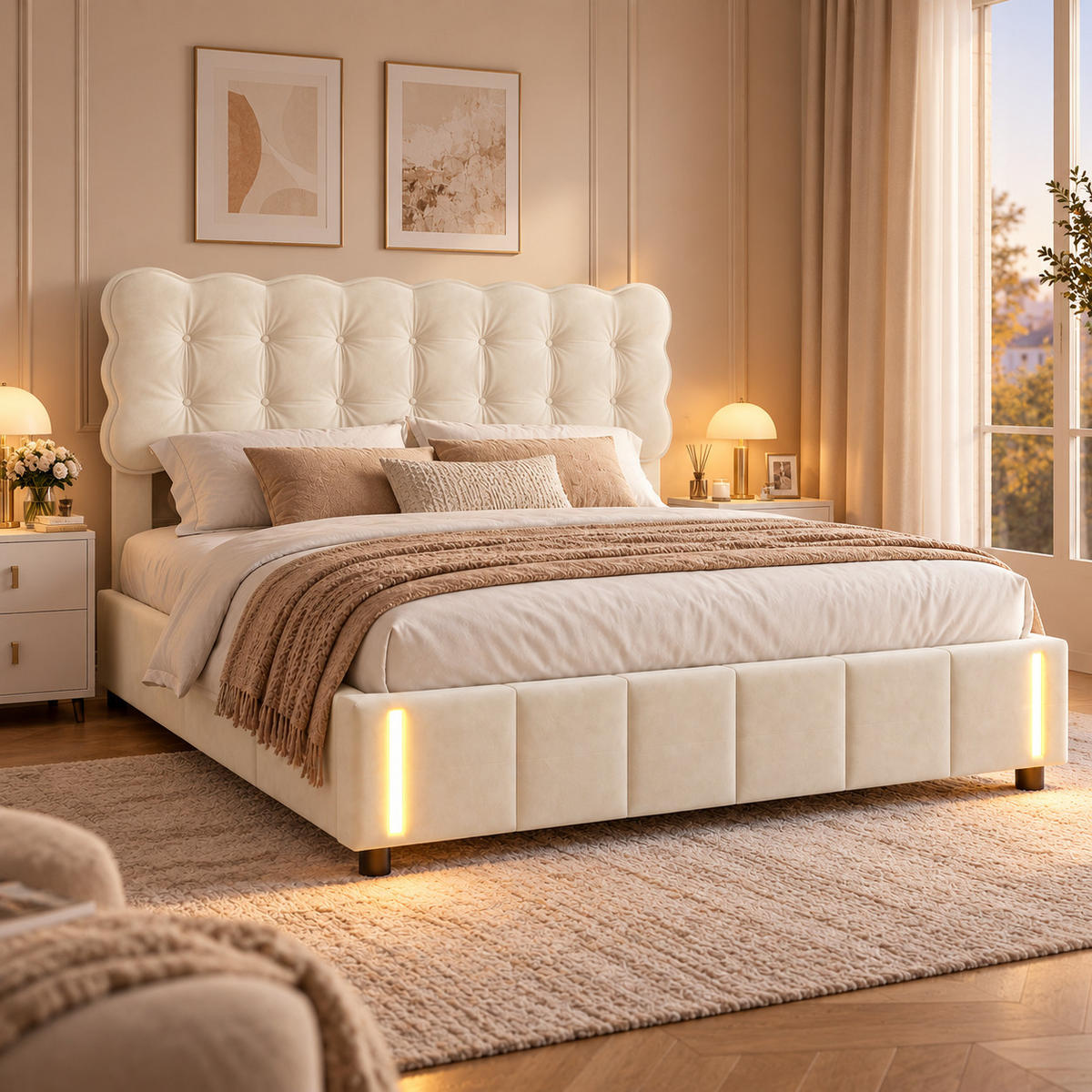 POLSTERBETT 160/200 cm mit LED,Doppelbett Modern Bettgestell Samt Beige - Beige, Holz (160/200cm) - PARAFTA HOME