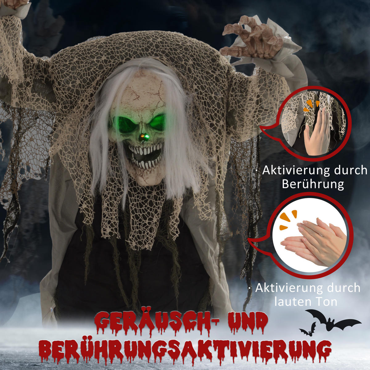 HALLOWEEN DECORATIONS 160cm stehendes Skelett mit LED-Lichter, Soundfunktion - Grau, Kunststoff/Metall (65/160/30cm) - HOMCOM