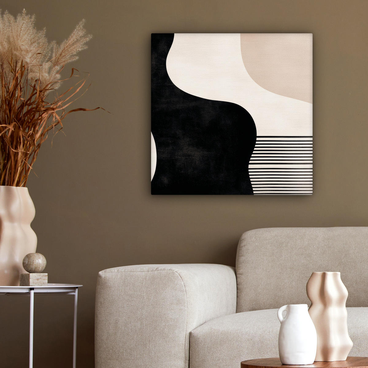 LEINWANDBILD Abstrakt - Japandi - Beige - Modern 50x50 cm - Schwarz, Textil (50/50cm) - MuchoWow