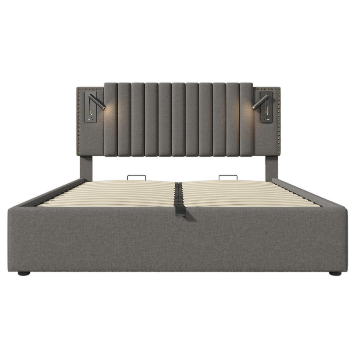 POLSTERBETT aus Baumwolle 180x200 cm Grau mit Bettkasten, Leselicht und USB-Ladeanschlüssen - Grau, Textil (180/200cm) - IVMEU