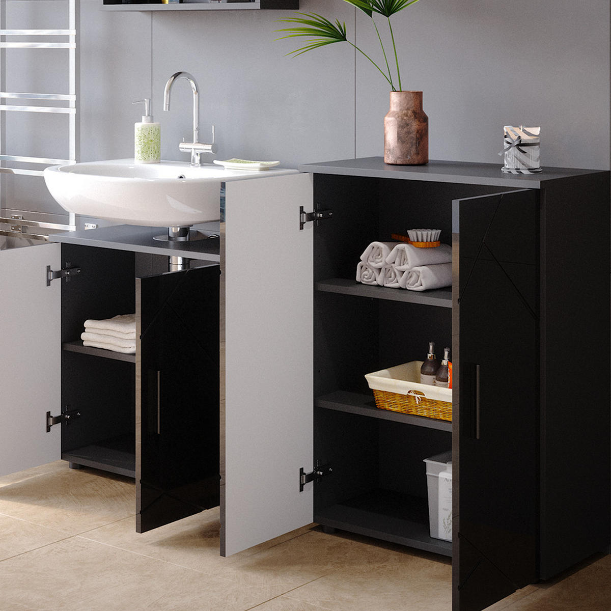 MIDISCHRANK Irma Anthrazit Hochglanz 60 x 81 cm - Anthrazit, Holzwerkstoff (60/81/30cm) - Vicco