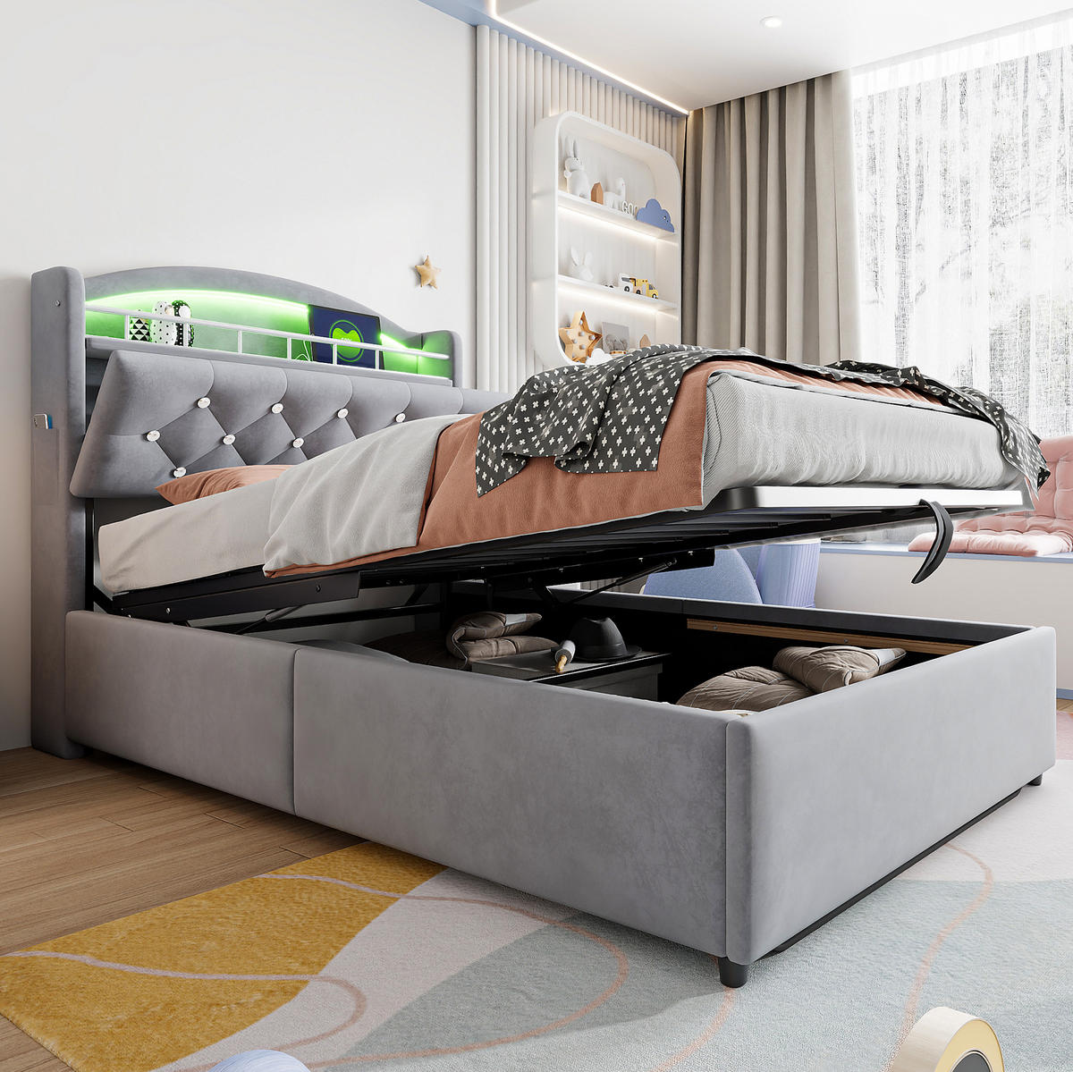 SAMT-POLSTERBETT 90/200 cm mit Bettkasten & LED in Grau - Grau, Textil (90/200cm) - BEAOK
