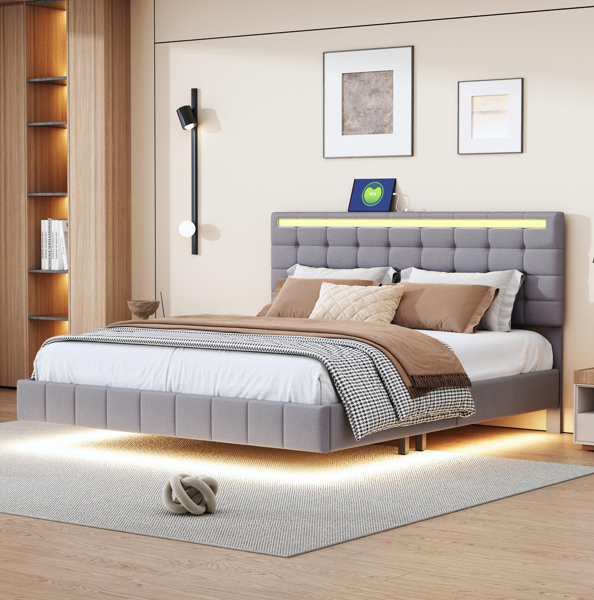 POLSTERBETT aus Leinenstoff 160x200 cm Grau mit LED-Beleuchtung, schwebender Optik und gepolstertem Kopfteil - Grau, Textil (160/200cm) - Modfu