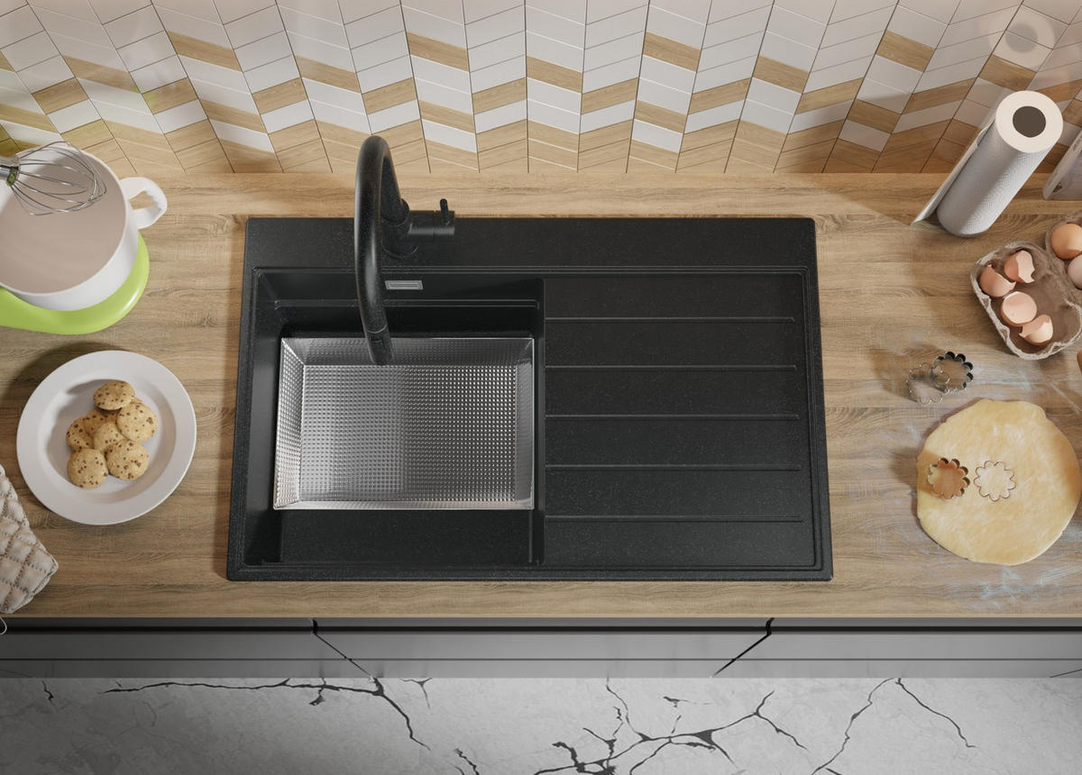 SPÜLBECKEN Sydney, 2-er set Anthrazit 78/50 cm 1 Becken + Ablauf-Set + Küchenzubehörset ab 45er Unterschrank - Chromfarben/Anthrazit, Kunststoff (78/20/50cm) - Primagran