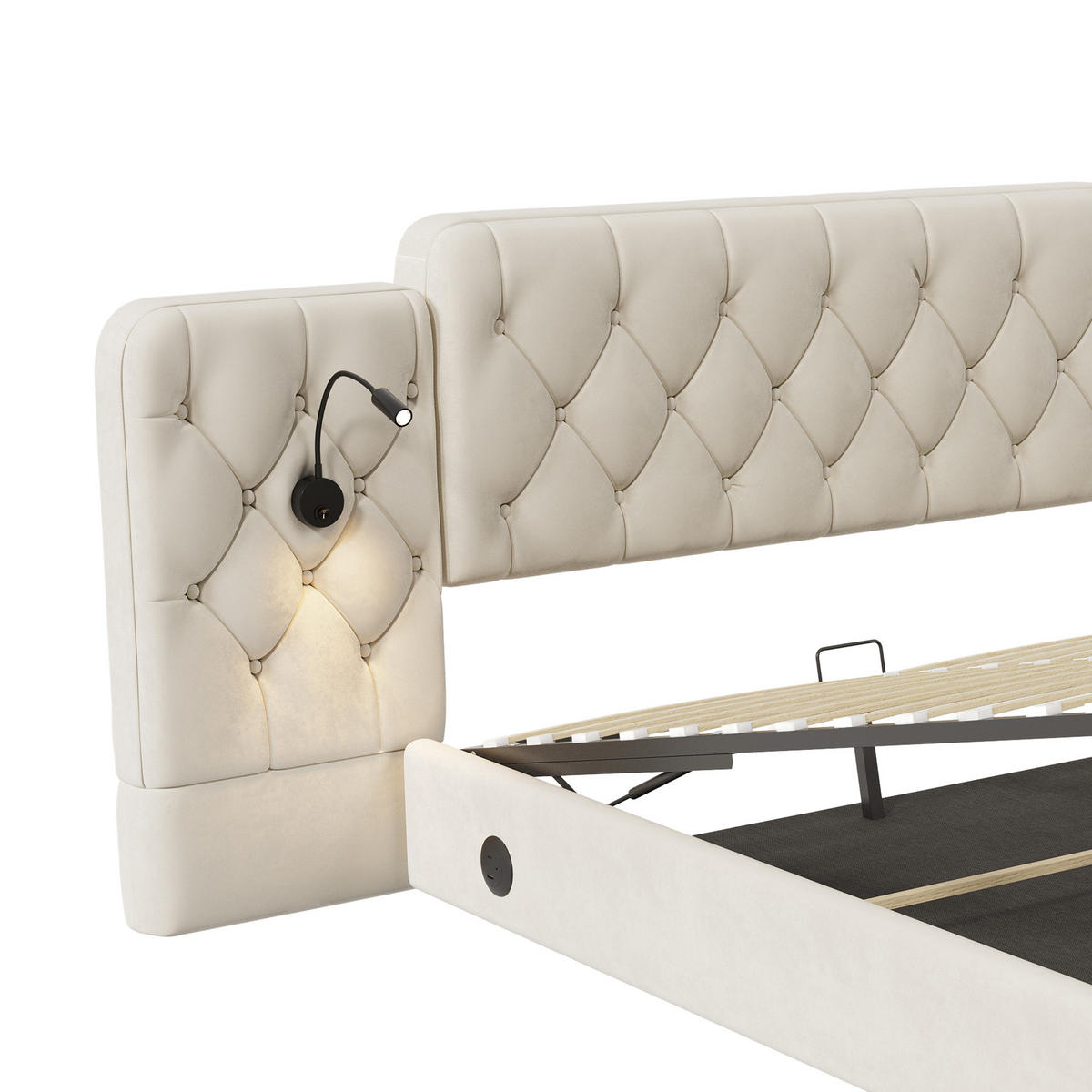 POLSTERBETT 180/200 cm in Beige Samt mit Bettkasten, Leselampe und USB - Beige, Holzwerkstoff/Textil (180/200cm) - WISHDOR