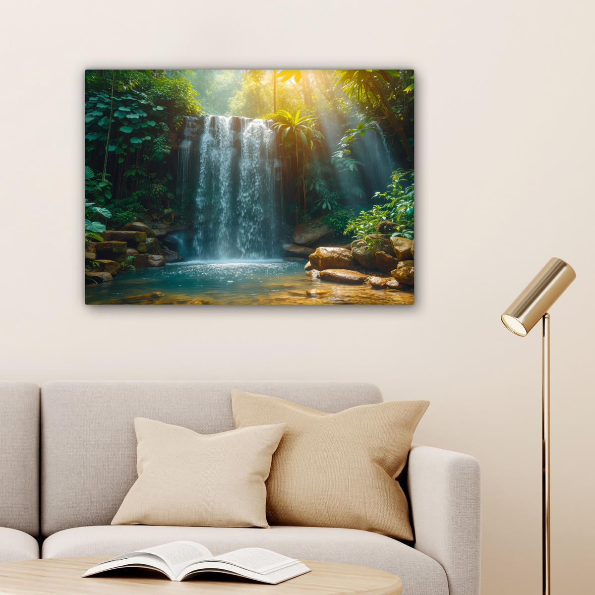 LEINWANDBILD Wasserfall - Dschungel - Sonne - Grün - Natur Wandbilder 80x60 cm - Grün, Textil (80/60cm) - MuchoWow