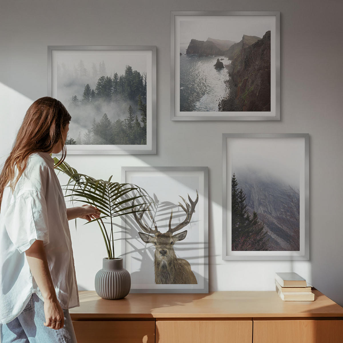 BILDER SET 4er Set - 50x50 cm & 40x60 cm Silberner Rahmen - Berglandschaft Nebel Hirsch - Silberfarben, Kunststoff (50/50cm) - TULUP