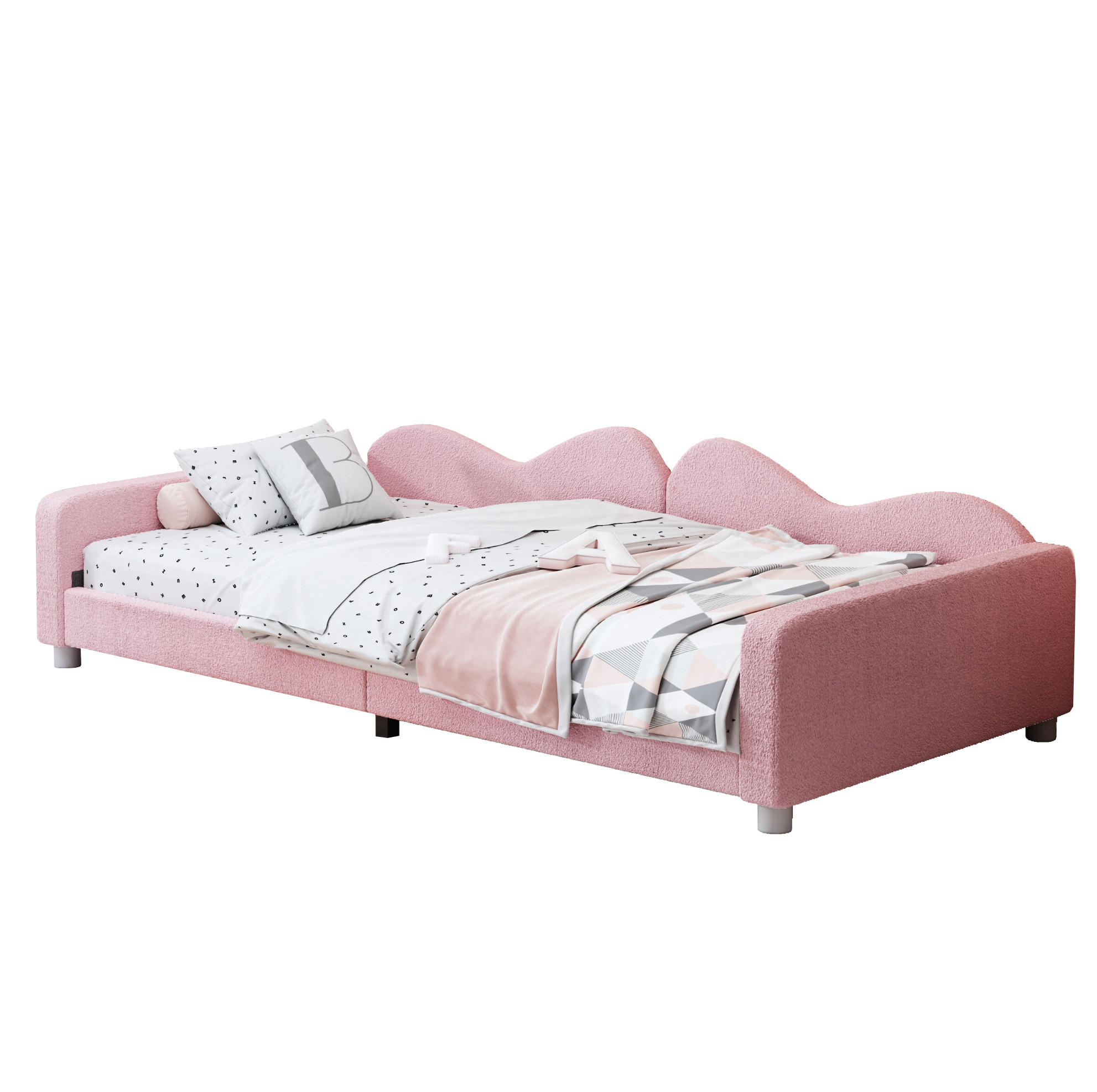 KINDERBETT 90/200 cm in Rosa mit Teddystoff und Rückenlehne - Rosa, Textil (90/200cm) - BEAOK