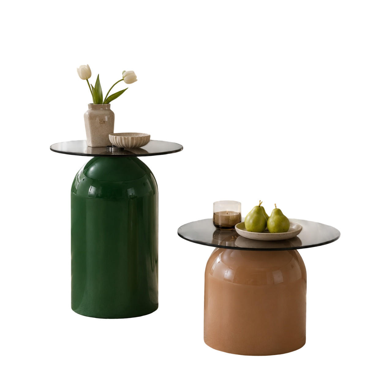 COUCHTISCH-SET DE-37432 2er-Set glockenförmig mit Glas und Hochglanz Grün/Hellbraun - Multicolor, Metall (50/50/38cm) - ComfortXL