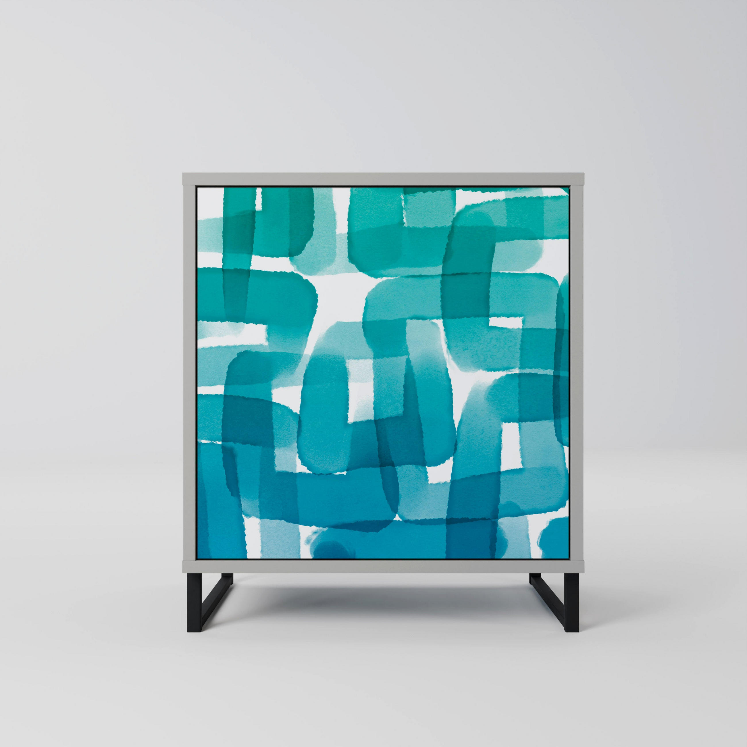 SIDEBOARD TURQUOISE RECTANGLES, Grau, 57,5x42x67,5 cm, Schwarze Metall-Rahmenfüße - Multicolor/Schwarz, Holzwerkstoff/Metall (57.5/67.5/42cm) - SpaceRebels