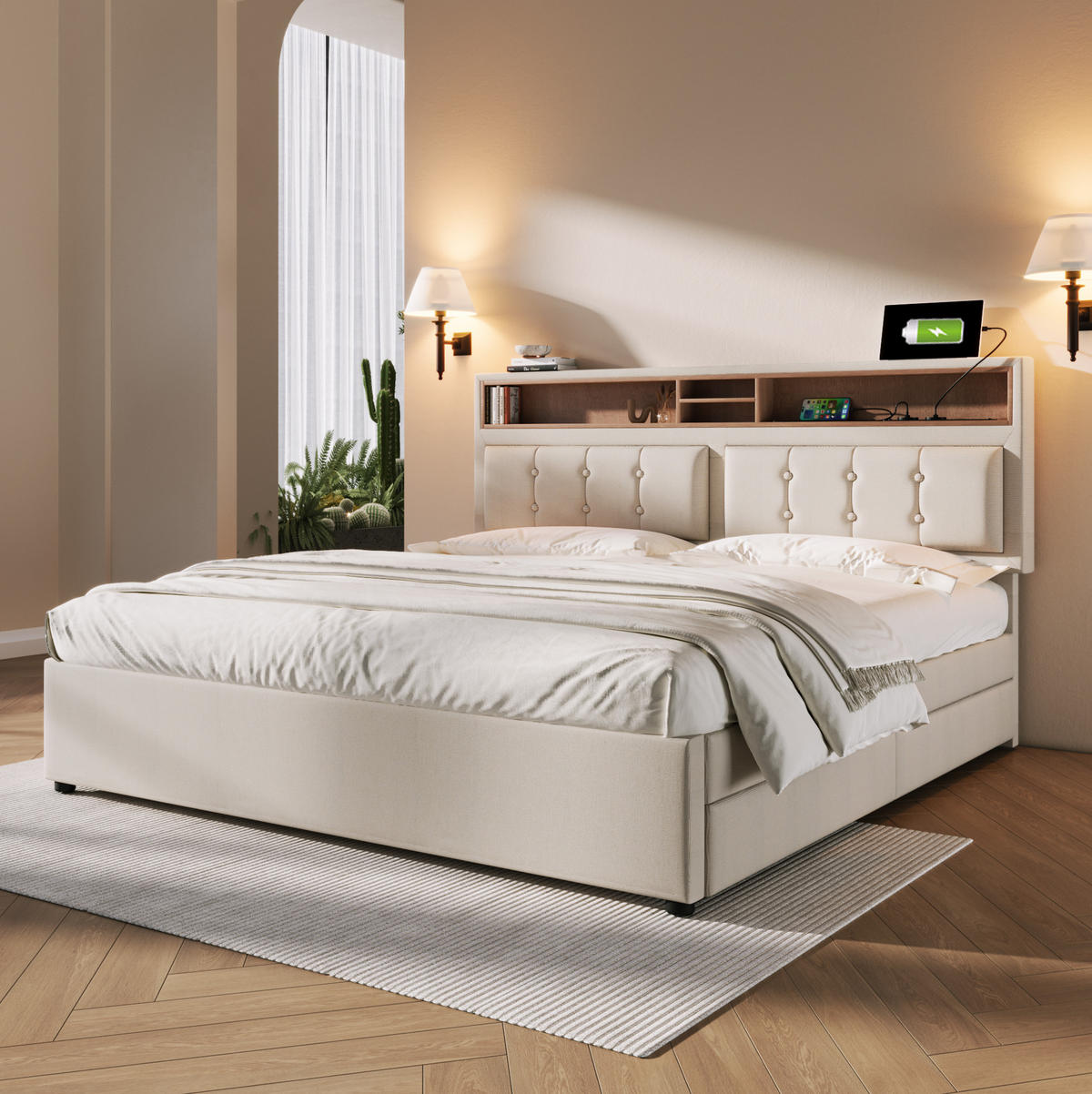 POLSTERBETT mit 4 Schubladen, USB-C und Matratze 140x200 cm Beige - Beige, Metall (140/200cm) - Meubliv