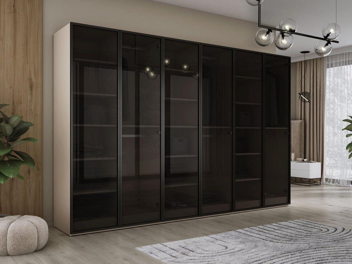 KLEIDERSCHRANK, Sandbeige / Antisol Glas, 300 x 200 x 51 cm - Sandfarben/Schwarz, Holzwerkstoff (300/200/51cm) - 3XE LIVING