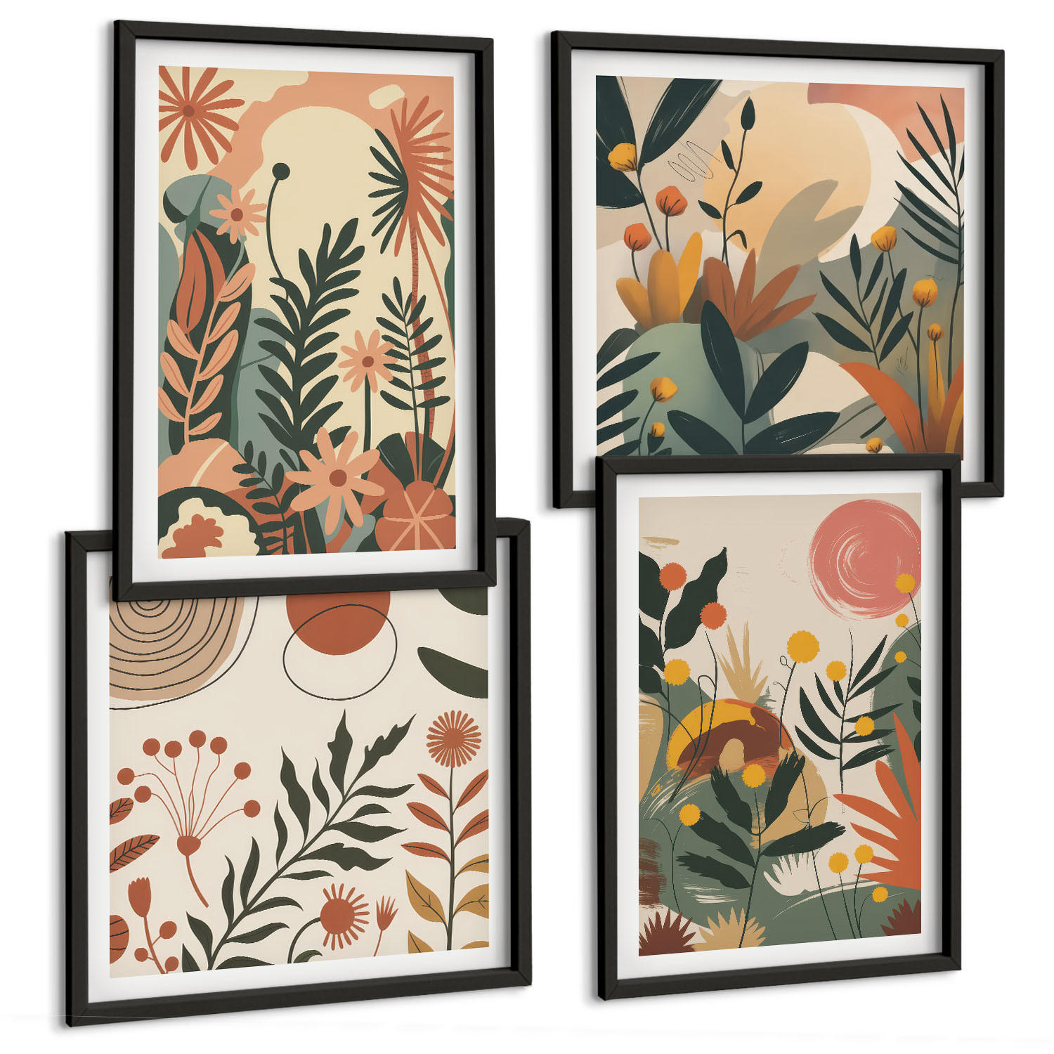 BILDER SET 4er Set - 50x50 cm & 40x60 cm Schwarzer Rahmen - Pastellfarbene Pflanzenmuster - Schwarz, Kunststoff (50/50cm) - TULUP