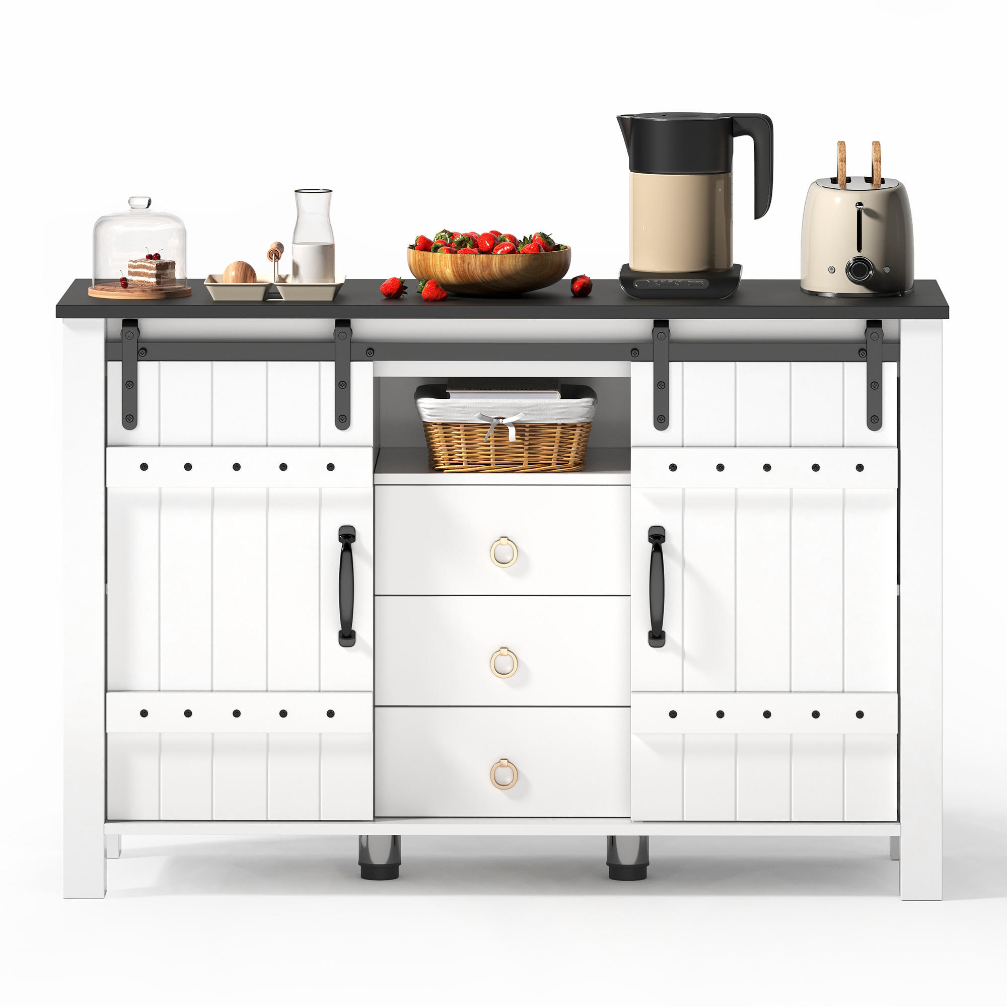 SIDEBOARD aus MDF 120x40x80 cm Weiß mit Schiebetüren und 3 Schubladen im Landhausstil - Weiß, Holzwerkstoff (120/80/40cm) - Modfu