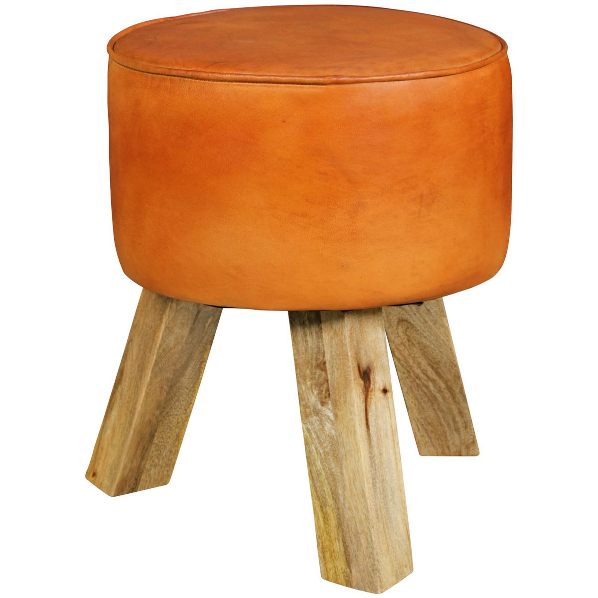 SITZHOCKER – Ziegenleder/Holz, 45 cm, Country-Stil - Braun, Mangoholz/Leder (37/45/37cm) - KADIMA DESIGN