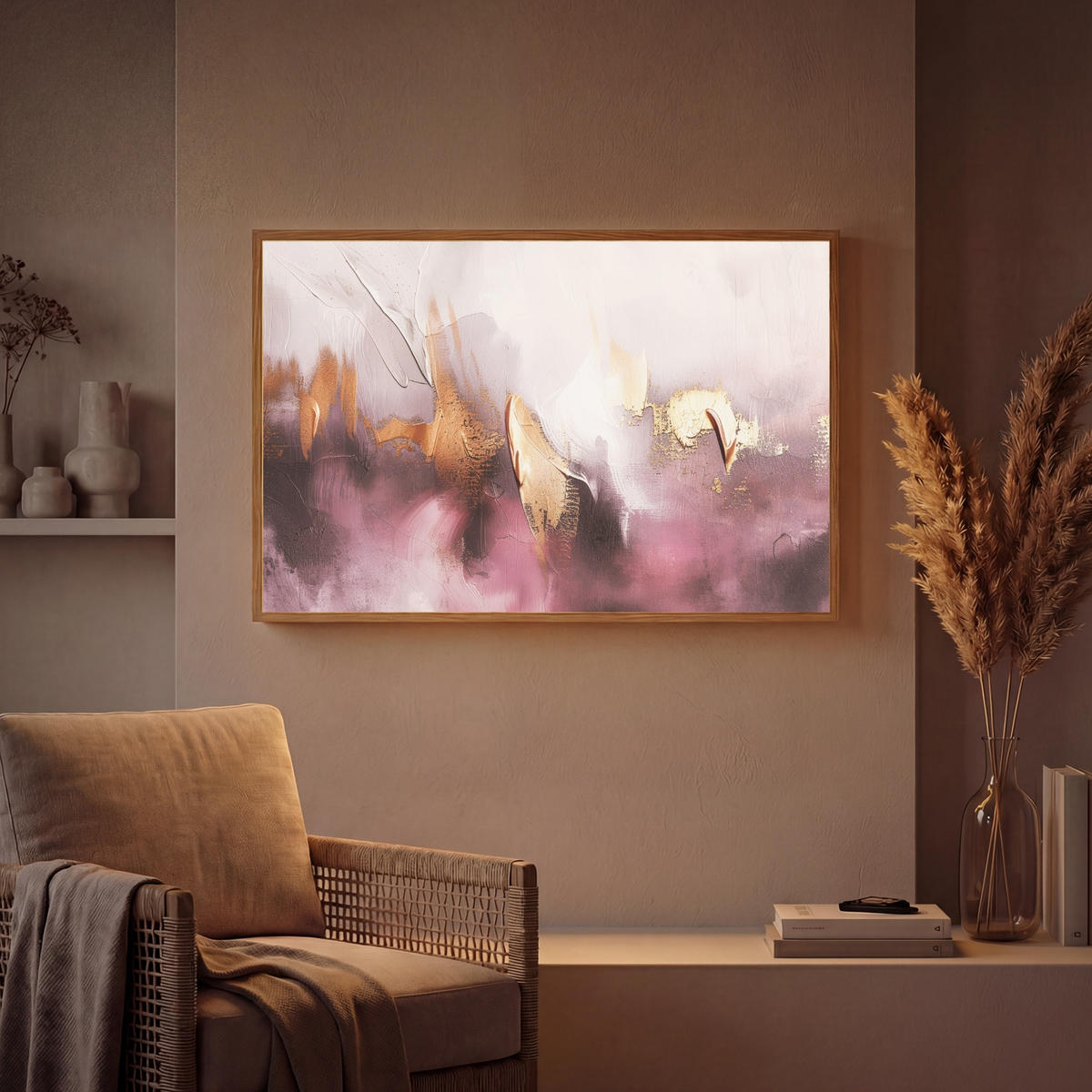 NÁSTĚNNÁ LAMPA S AKUMULÁTOREM Fialová - abstraktní - barva - zlatá 90x60 cm - světle fialová, kompozitní dřevo (90/60/8cm) - OnlyWow
