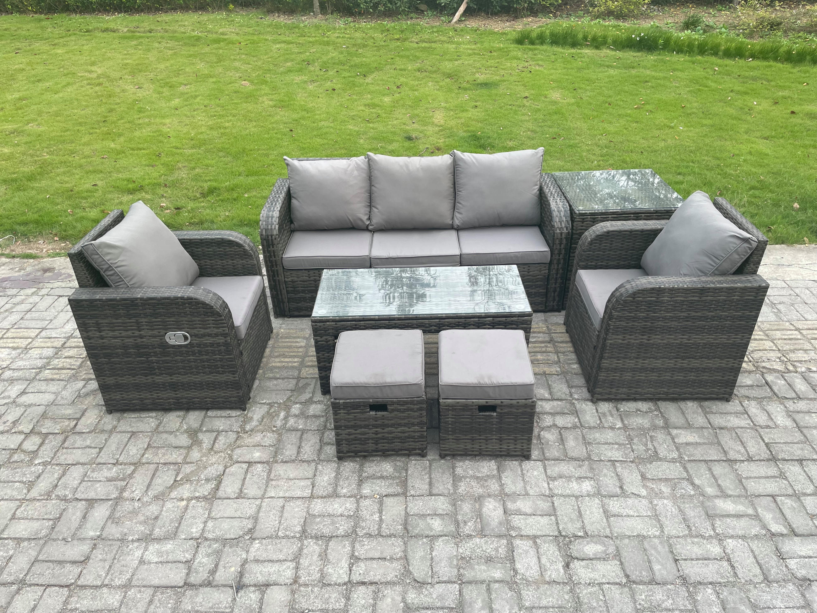 GARTENSOFA SET mit LIEGESTUHL Polyrattan 7-Sitzer Dunkelgrau - Dunkelgrau/Grau, Glas/Kunststoff - Fimous