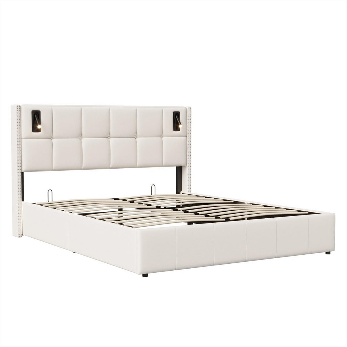 POLSTERBETT 160x200 cm - mit integrierten LED-Leseleuchten und hydraulischer Hebefunktion - ohne Matratze - Beige - Beige, Textil (160/200cm) - DELFA