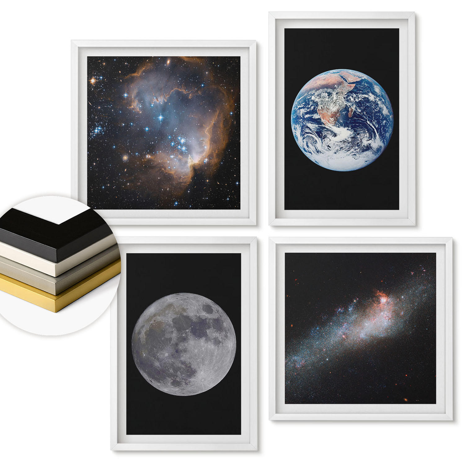 WANDBILDER 4er-Set - 50x50 cm & 40x60 cm Weißer Rahmen - Galaxie Weltraum Mond - Weiß, Kunststoff (50/50cm) - ArtPrintCave