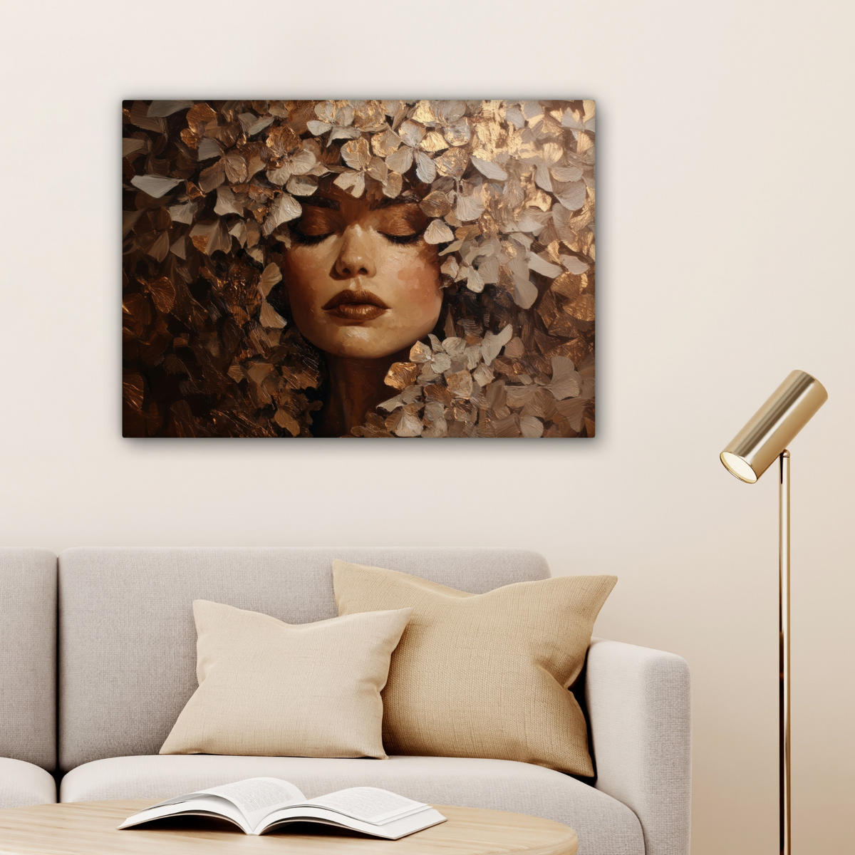 LEINWANDBILD Gesicht - Dame - Blätter - Pinselstriche Wandbilder 80x60 cm - Goldfarben, Textil (80/60cm) - MuchoWow