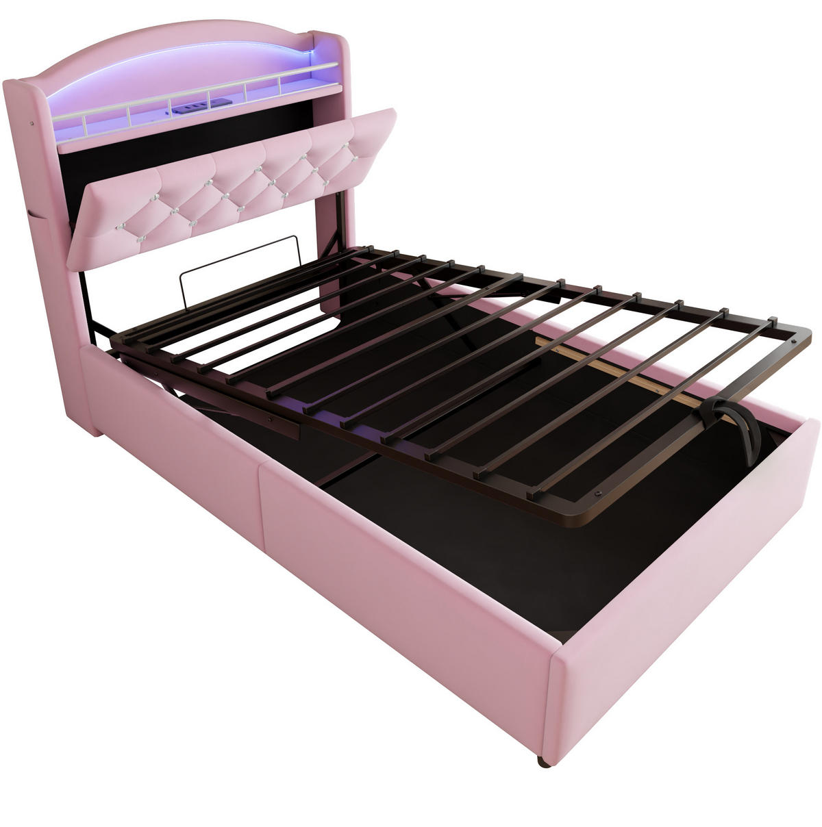 SAMT-POLSTERBETT 90/200 cm mit Bettkasten, LED und USB in Rosa - Pink, Textil (90/200cm) - BEAOK