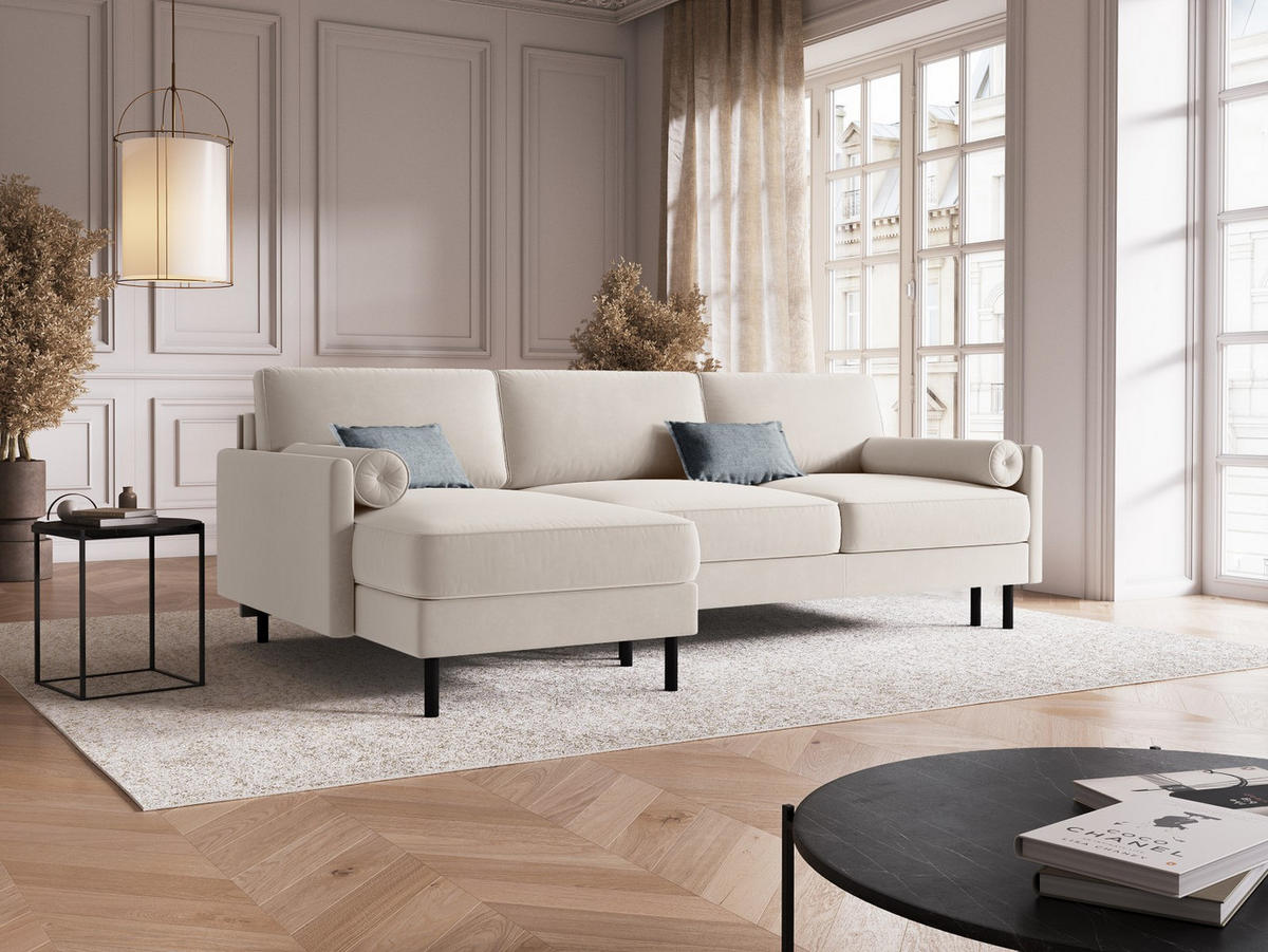 AUSKLAPPBARES-ECKSOFA links mit Container Scott aus Samt leichtes beige 5 Sitzplätze - Beige, Textil (142/212cm) - Micadoni