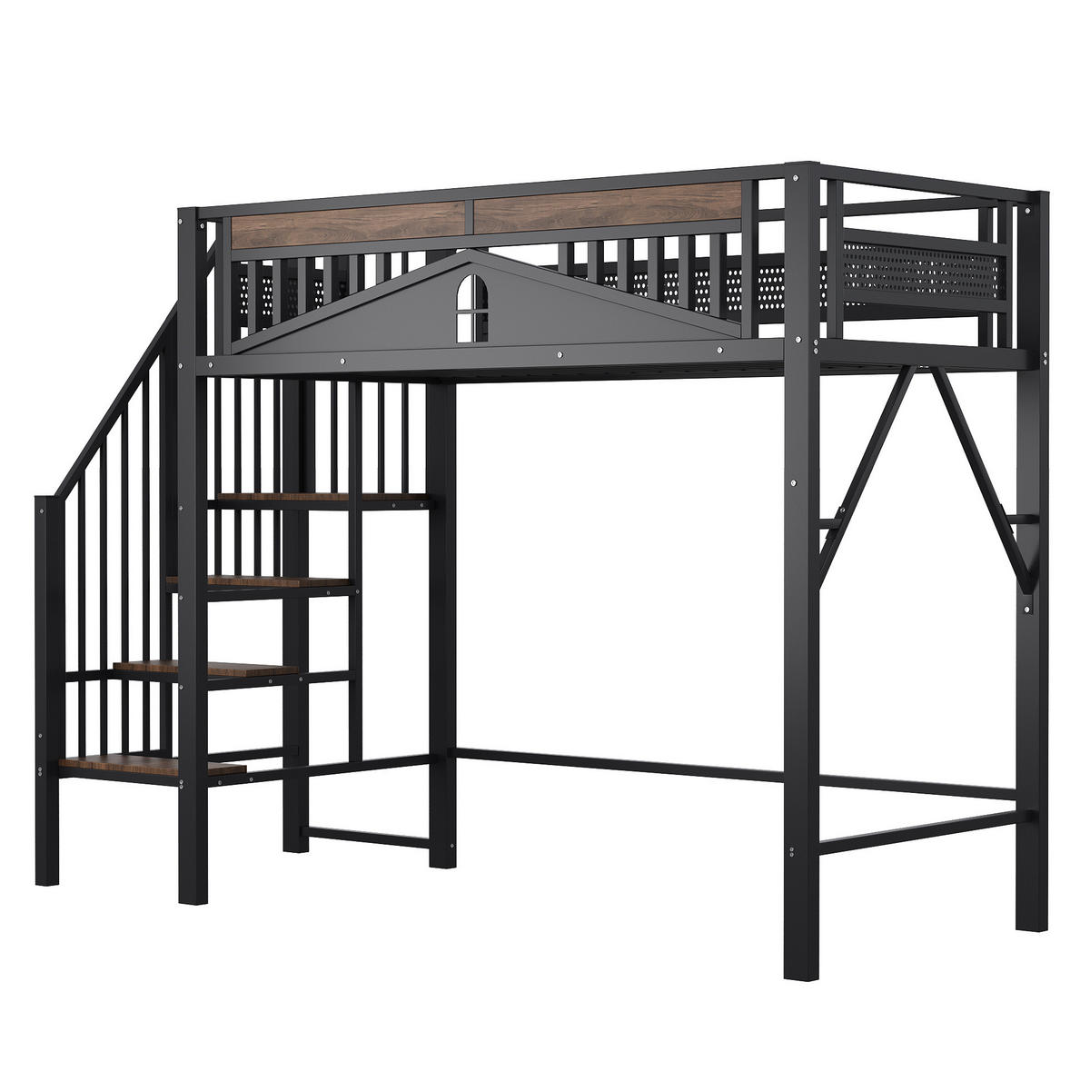 HOCHBETT 90/200 cm aus Metall/Holz mit Sicherheitsleiter und Stauraum Schwarz - Schwarz, Metall (90/200cm) - Modenvie