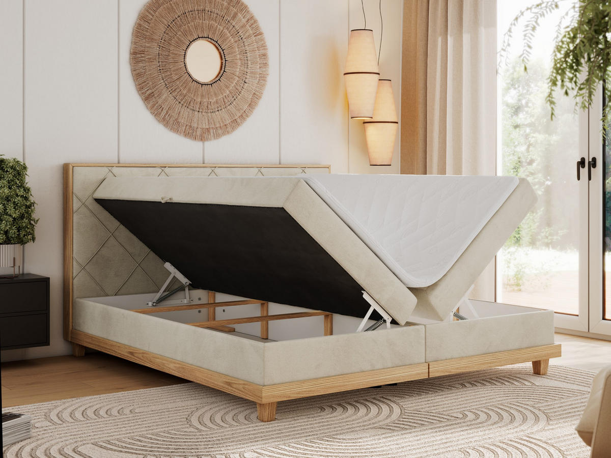 BOXBETT CAICOS 160/200 - Beige Velvet - H4 - Beige, Holz/Textil (160/200cm) - MKS