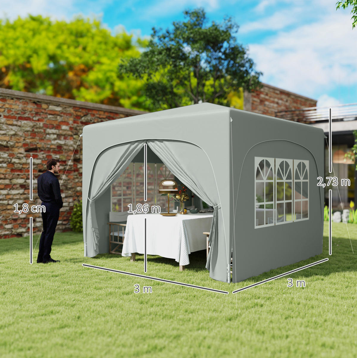 FALTPAVILLON 300/300/273 cm höhenverstellbar mit 4 Seitenteilen und UV-Schutz 50+, aus Polyester, Hellgrau - Hellgrau, Textil (300/273/300cm) - Redom