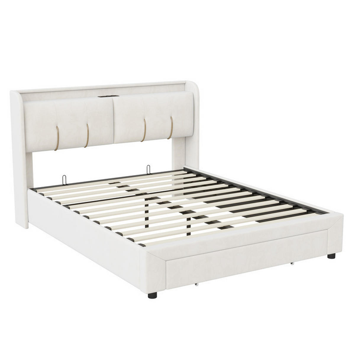 POLSTERBETT 160x200cm, Beige, Samt, mit LED-Lichtleiste und USB-Ladeanschluss, Schubladen, ohne Matratze - Beige, Holz (160/200cm) - WoodenAura