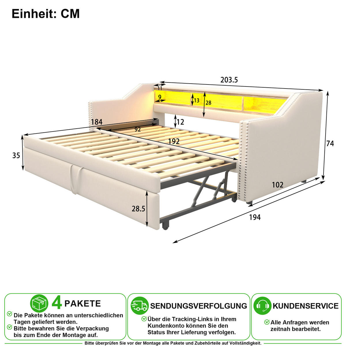 SCHLAFSOFA 90/190 cm & 180/190 cm in Beige mit Ausziehbett, LED, USB und 3 Ablagefächern - Beige, Holzwerkstoff/Textil (90/190cm) - CHICFURN