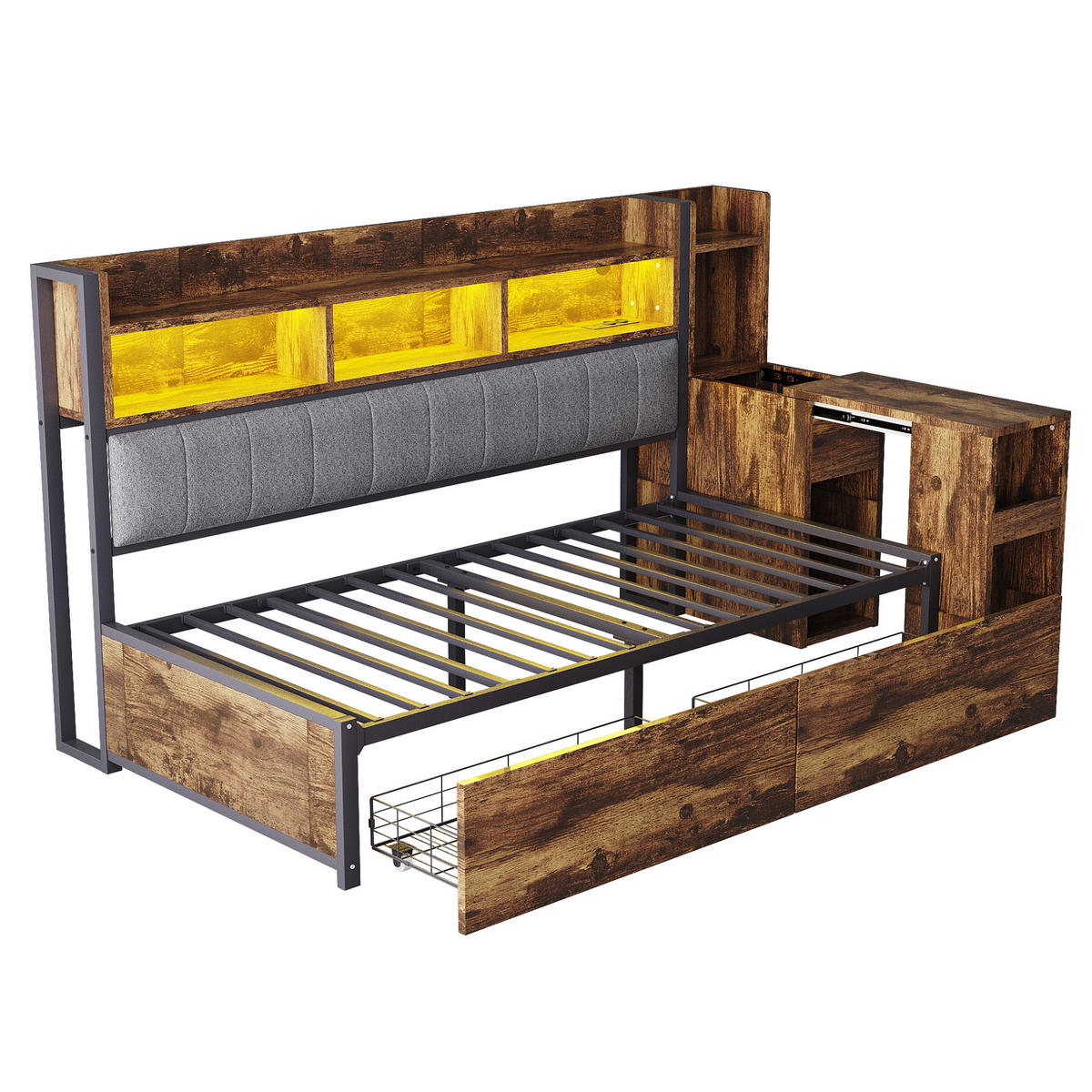 STAURAUMBETT 90/200 cm DE-01458, in Holzfarbe, mit LED, Schreibtisch und Steckdose - Naturfarben, Metall (90/200cm) - ComfortXL