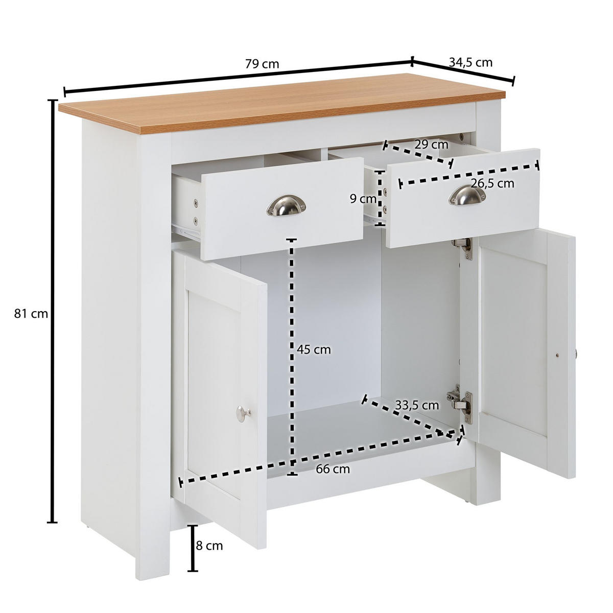 SIDEBOARD – Eiche/Weiß, 2 Schubladen, melaminbeschichtet, modern - Weiß, Holz/Metall (79/81/35cm) - KADIMA DESIGN