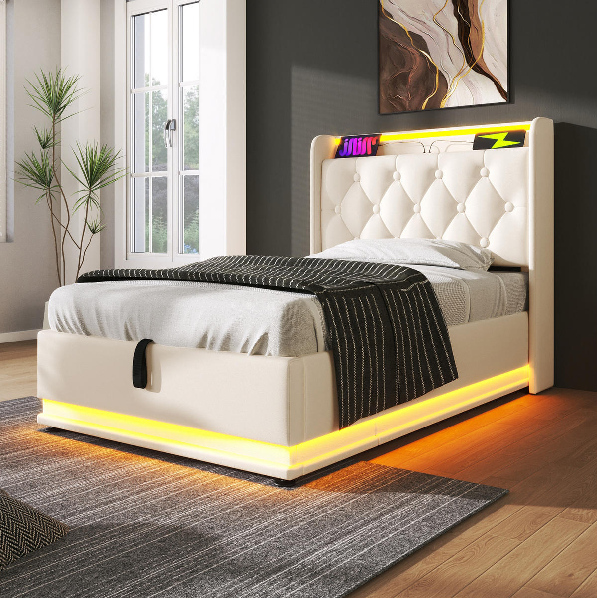 POLSTERBETT aus PU 90x200 cm Weiß mit LED-Beleuchtung, USB-C, Stauraum und Lattenrost - Weiß, Leder (90/200cm) - IVMEU