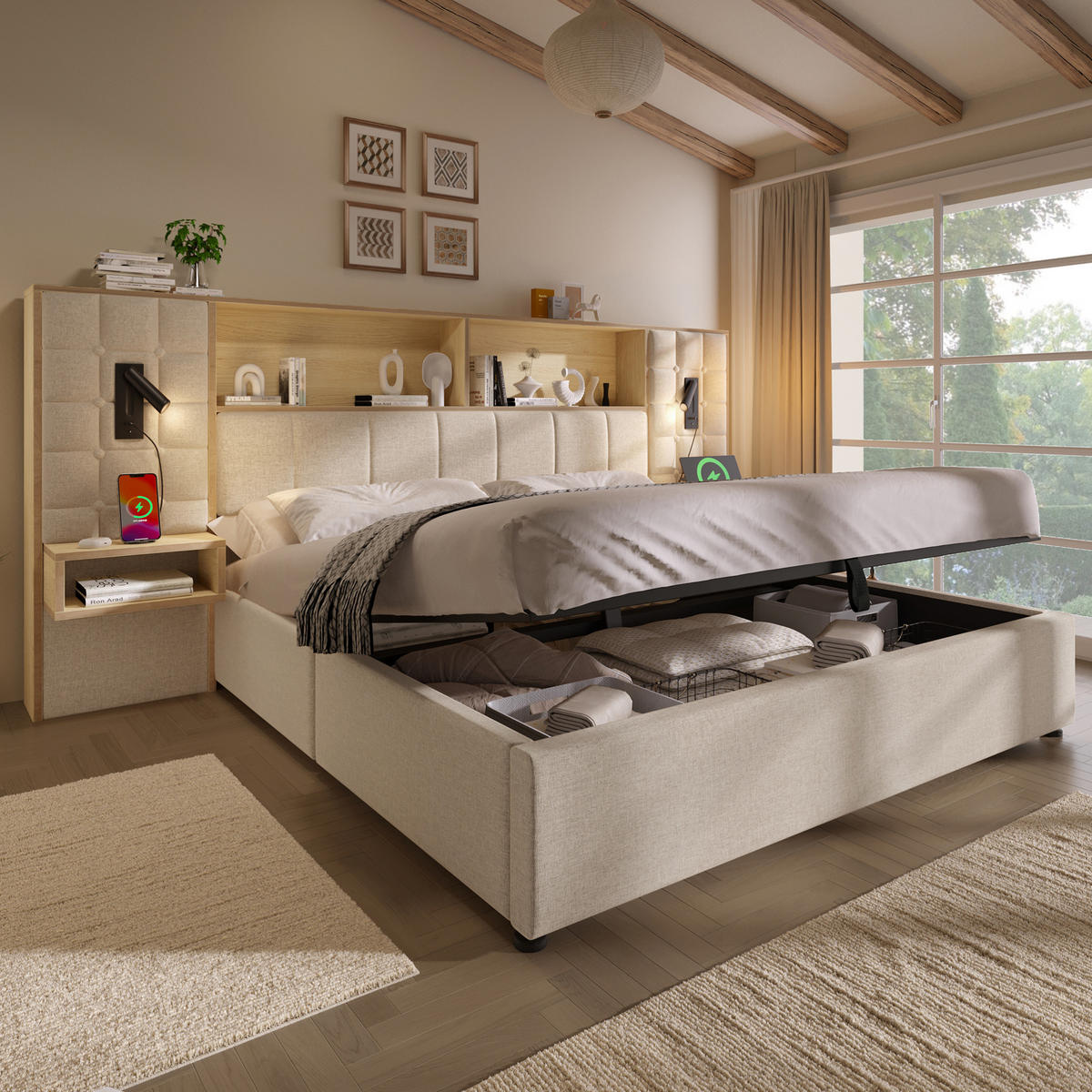 POLSTERBETT 180/200 cm aus Leinen mit Stauraum LED-Leselampen und Nachttischen Beige - Beige, Textil (180/200cm) - Modenvie