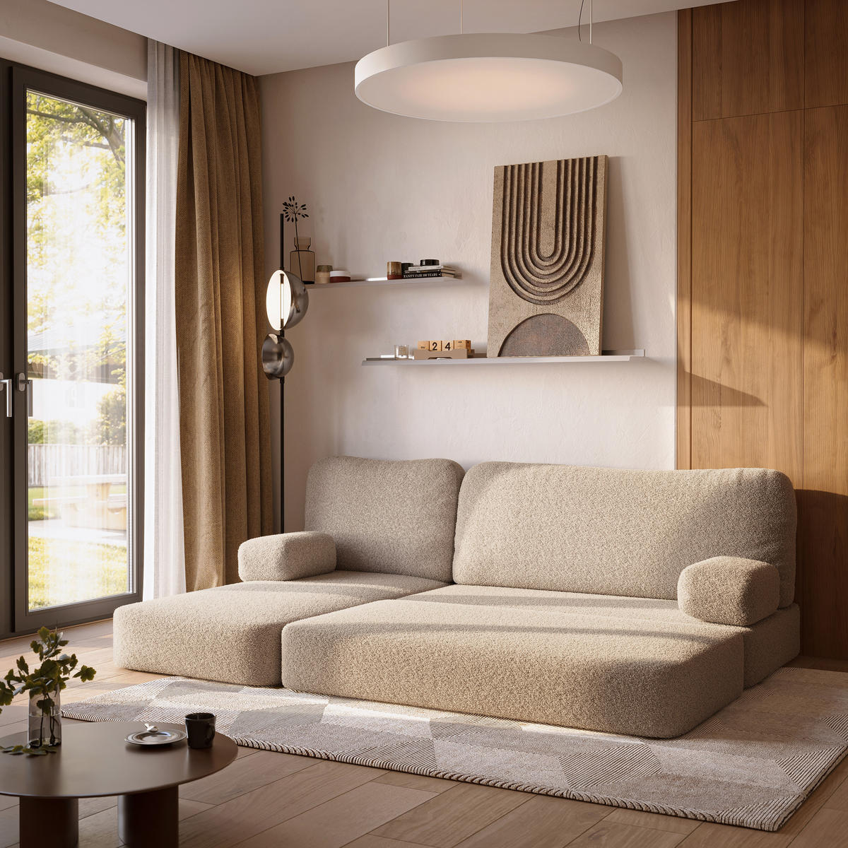 ECKSOFA SABI modulares Boneless Sofa mit Schlaffunktion Beige Boucle-Stoff - Beige, Textil (200/120cm) - MASSENO