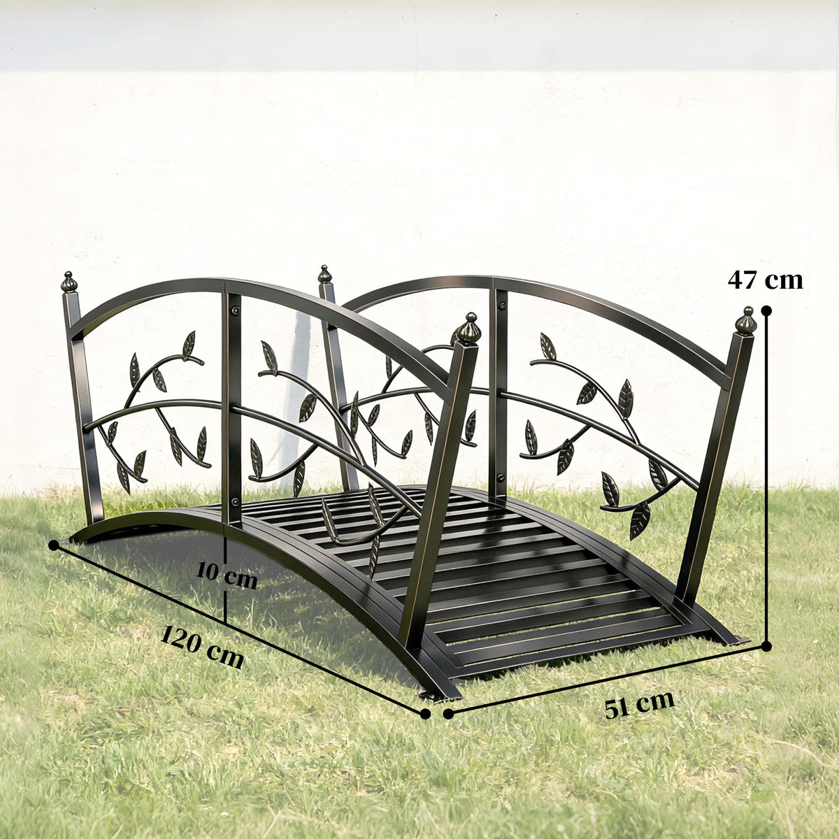 GARTENBRÜCKE,METALL Teichbrücke 1,2m Blattdekor,schwarz - Schwarz, Metall (120/51/47cm) - Vallsero