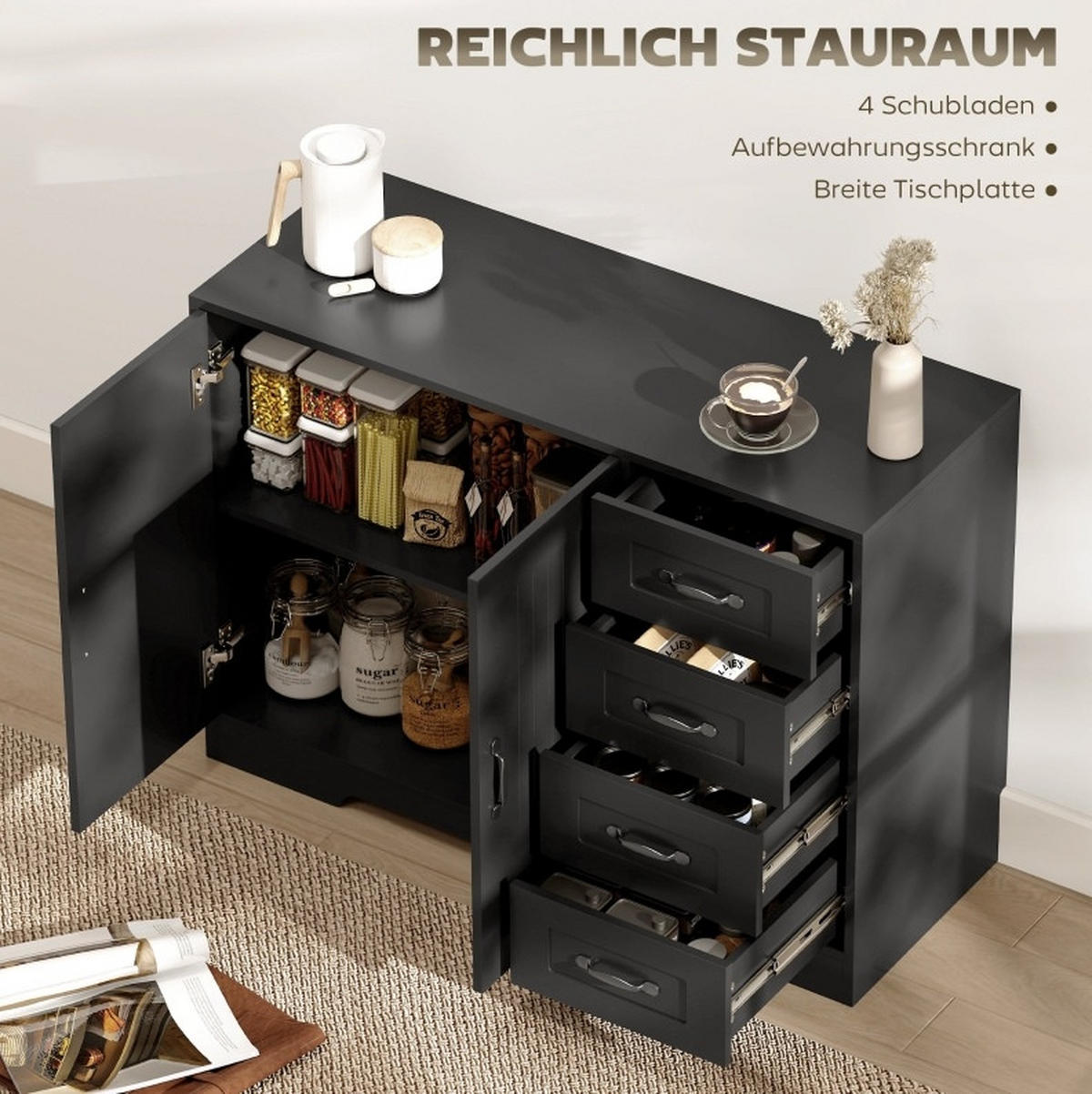 SIDEBOARD 105/40/76 cm schwarz aus Holzwerkstoff mit 4 Schubladen - Schwarz, Holz (105/76/40cm) - OKWISH